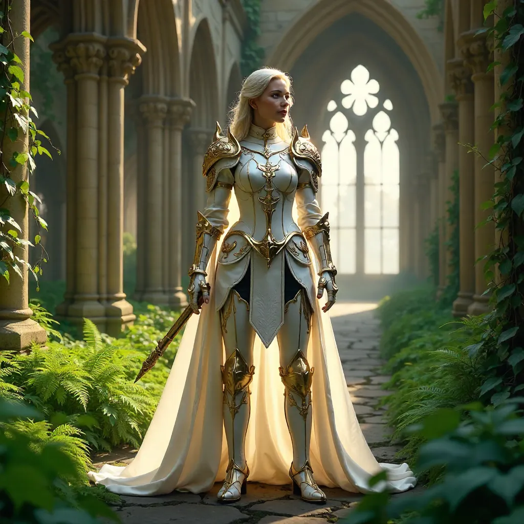 Gothic Garden Cosplayer in White and Gold Armor
