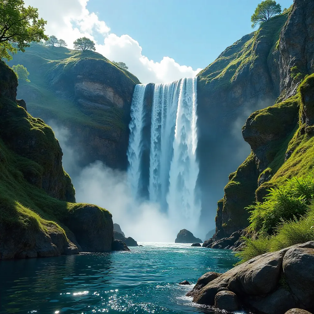 Waterfall Between Rugged Cliffs Under a Bright Sky