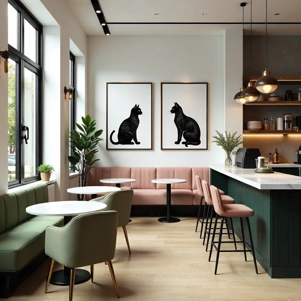 Modern Café with Elegant Cat Artwork