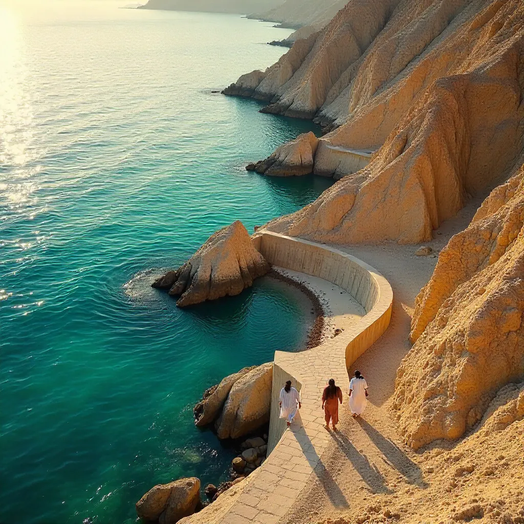 Aerial Trio Along Omani Coast with Geometric Barriers