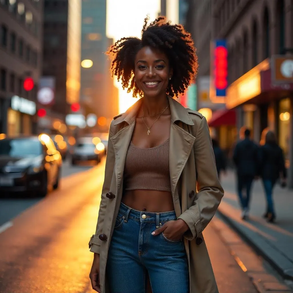 Photorealistic Black Woman in a Downtown Setting