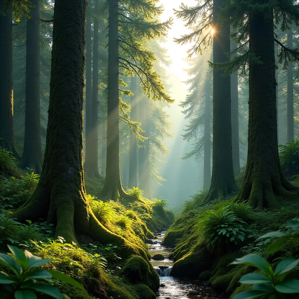 Serene Forest Landscape with Tall Trunks and Greenery