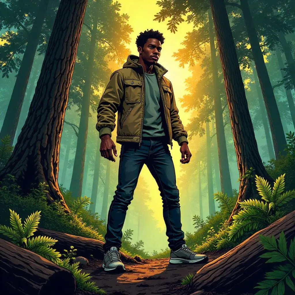 Forest Guardian: A Young Black Hero in Comic Style