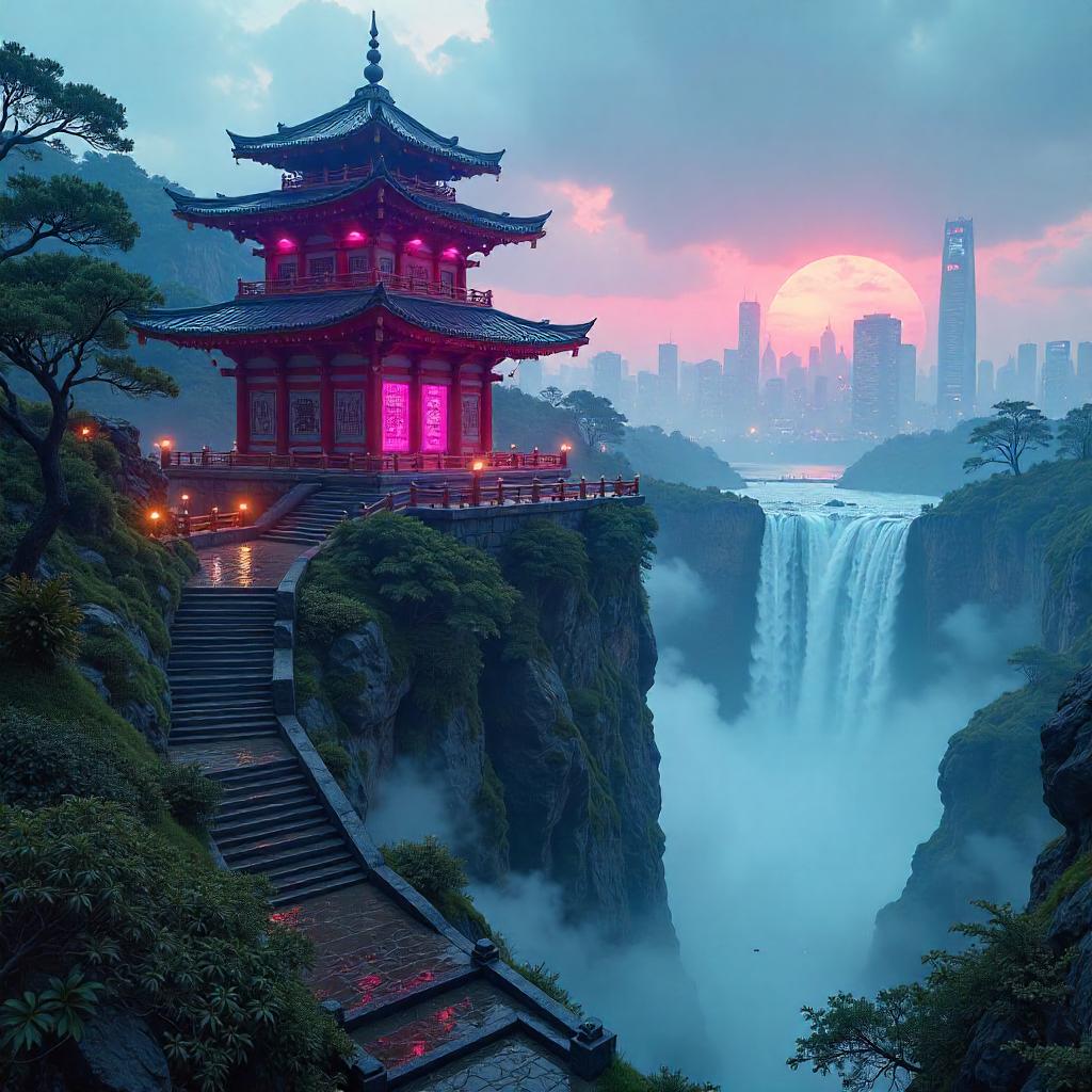 Neon Temple by the Waterfall: A Cyberpunk Vista