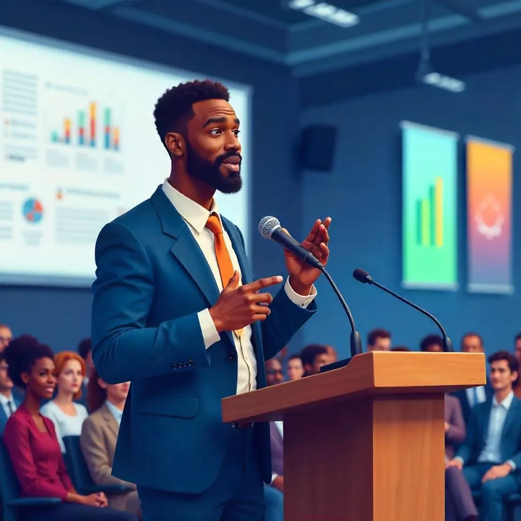 Cartoon Style Black Professional Man Speaking at Conference