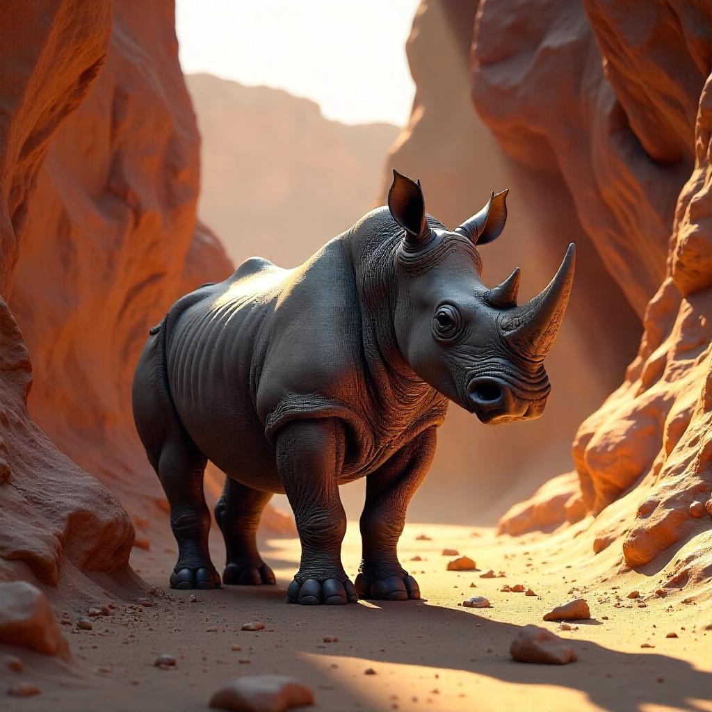 Rhino 3D Render in a Sunlit Canyon