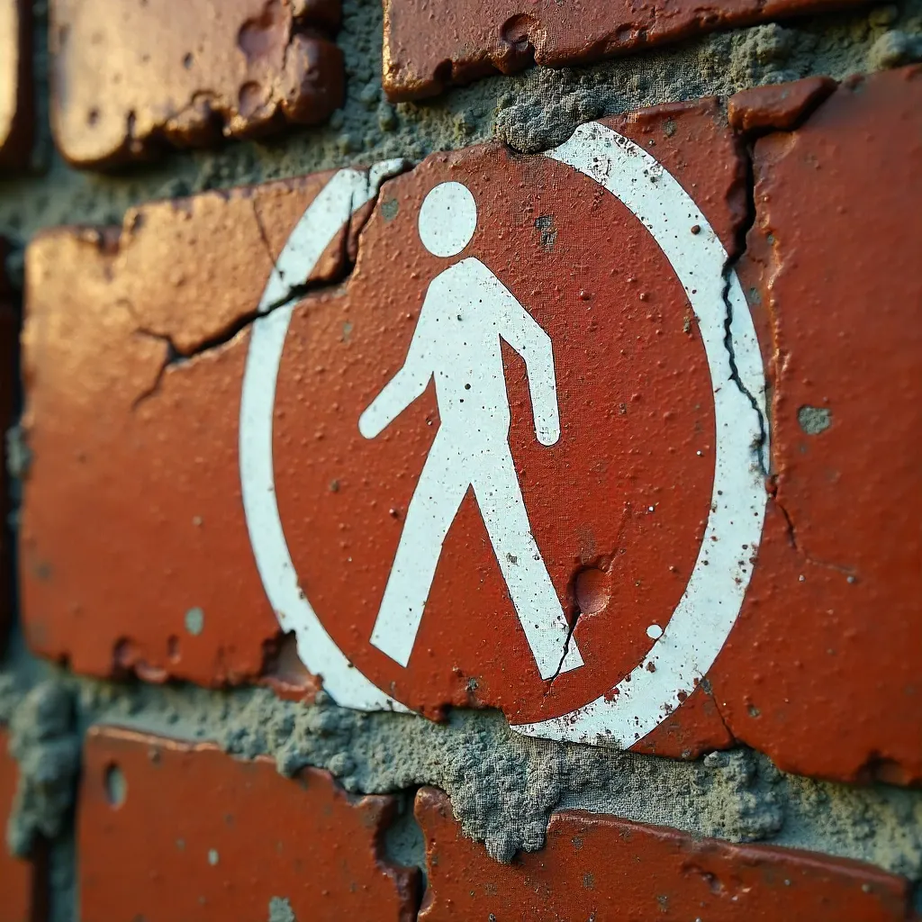 Close-Up Weathered Pedestrian Symbol on Red Brick Wall