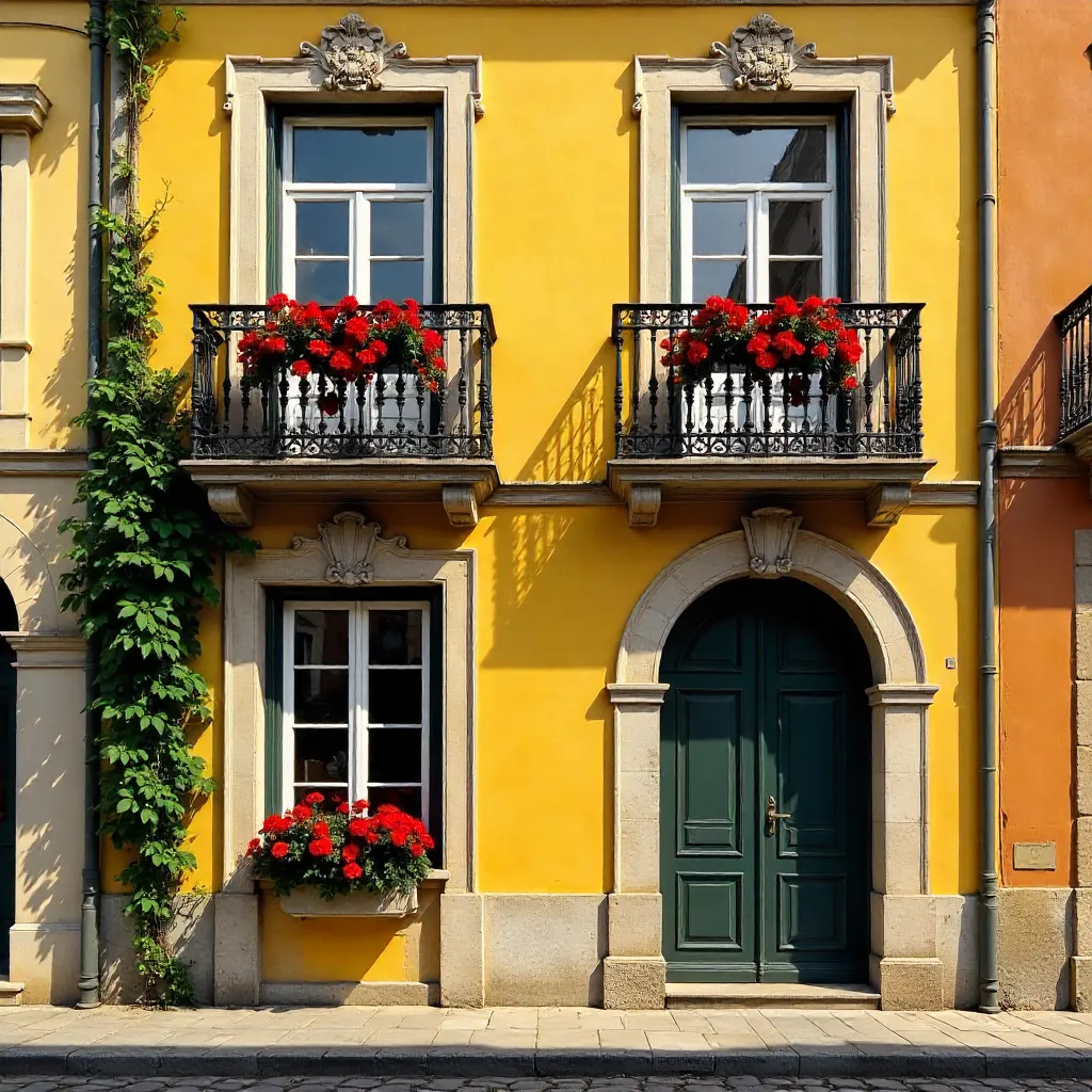 Charming Yellow Facade with Black Balconies