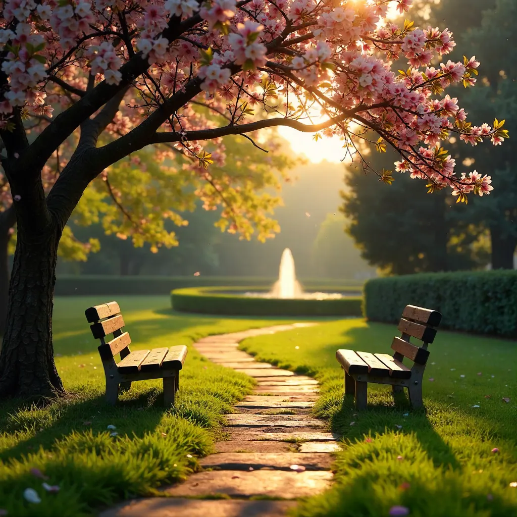 Serene Garden with Benches Under Blooming Tree