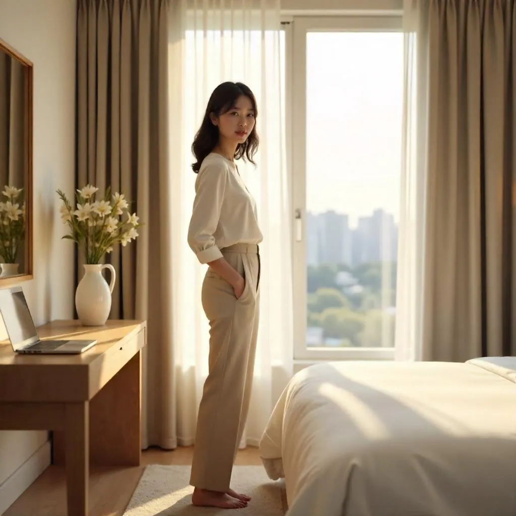 Photorealistic Portrait: Asian Woman in a Hotel Room