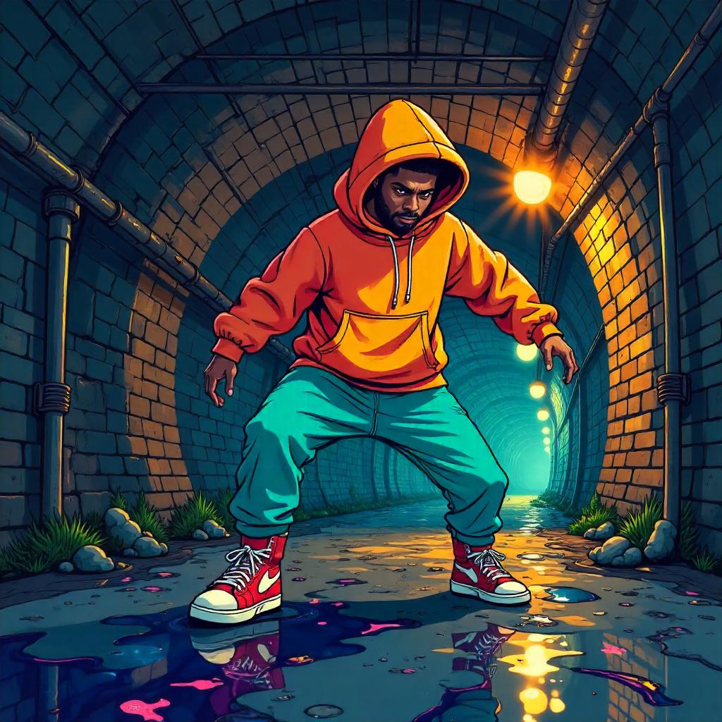 Cartoon Dancer in Neon Underground Tunnels