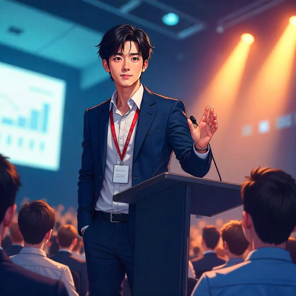 Anime-Style Young Asian Man on Stage at a Conference