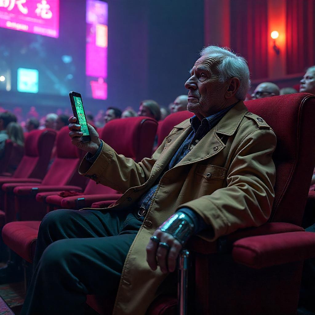 Elderly Cyborg in a Neon Theater