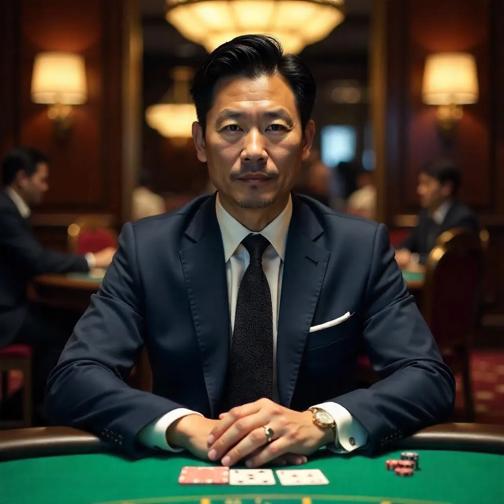 Professional Asian Man in a Photorealistic Poker Room