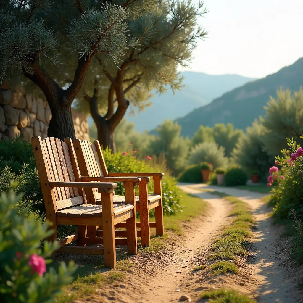 Three Wooden Chairs in Antalya's Lush Rural Landscape