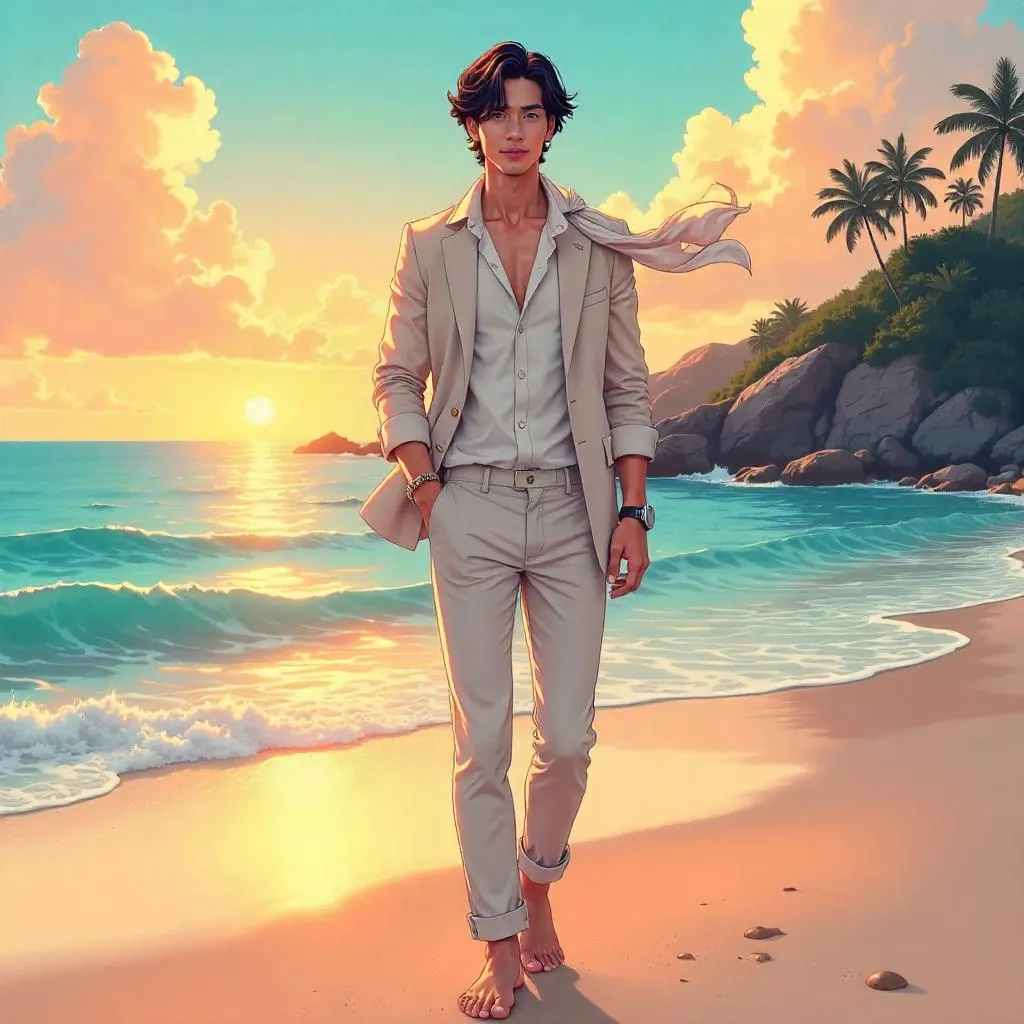 Elegant Asian Man on the Beach in Anime Style