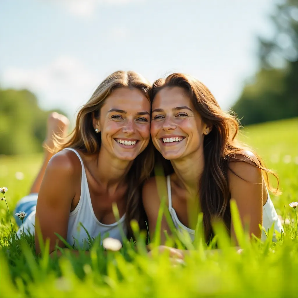 Sunlit Bliss on the Grass: Two Women in Relaxed Joy