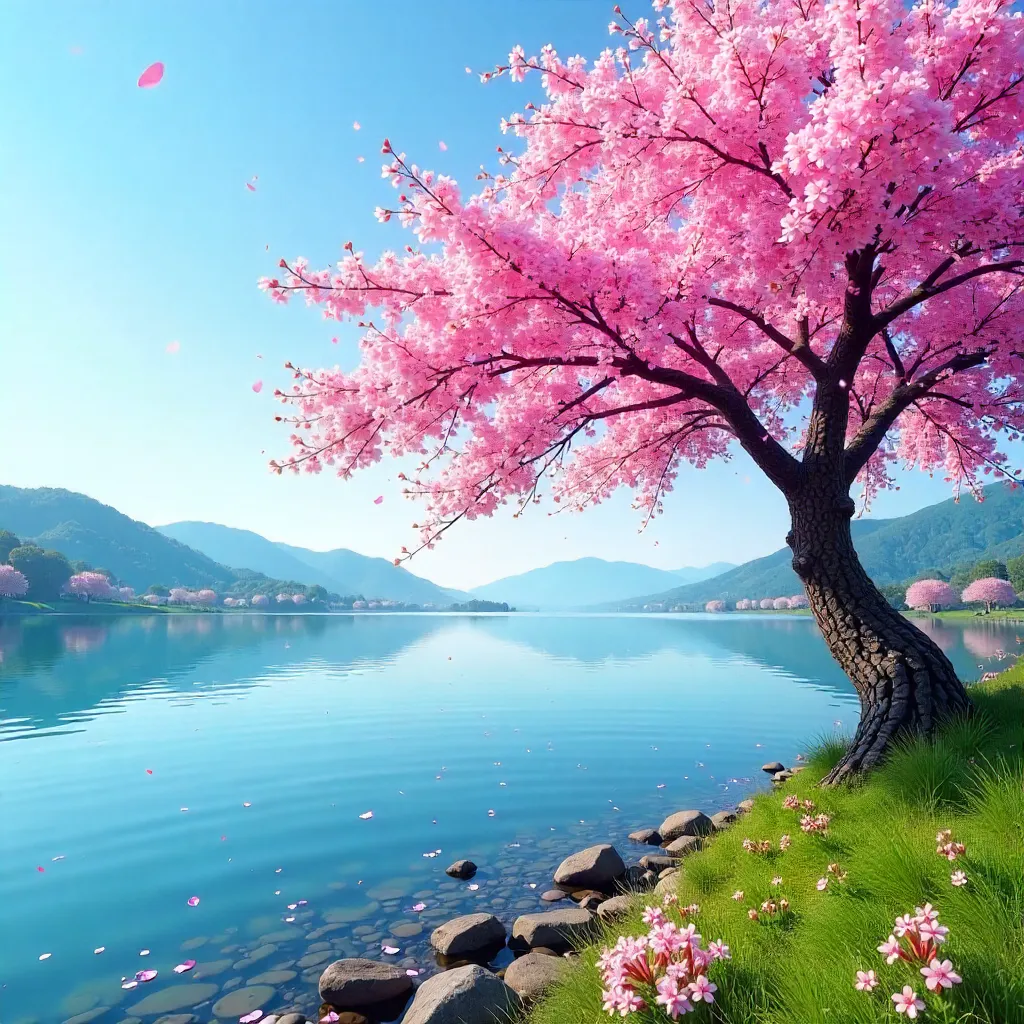 Cherry Blossom Lakeside in Spring under Clear Sky