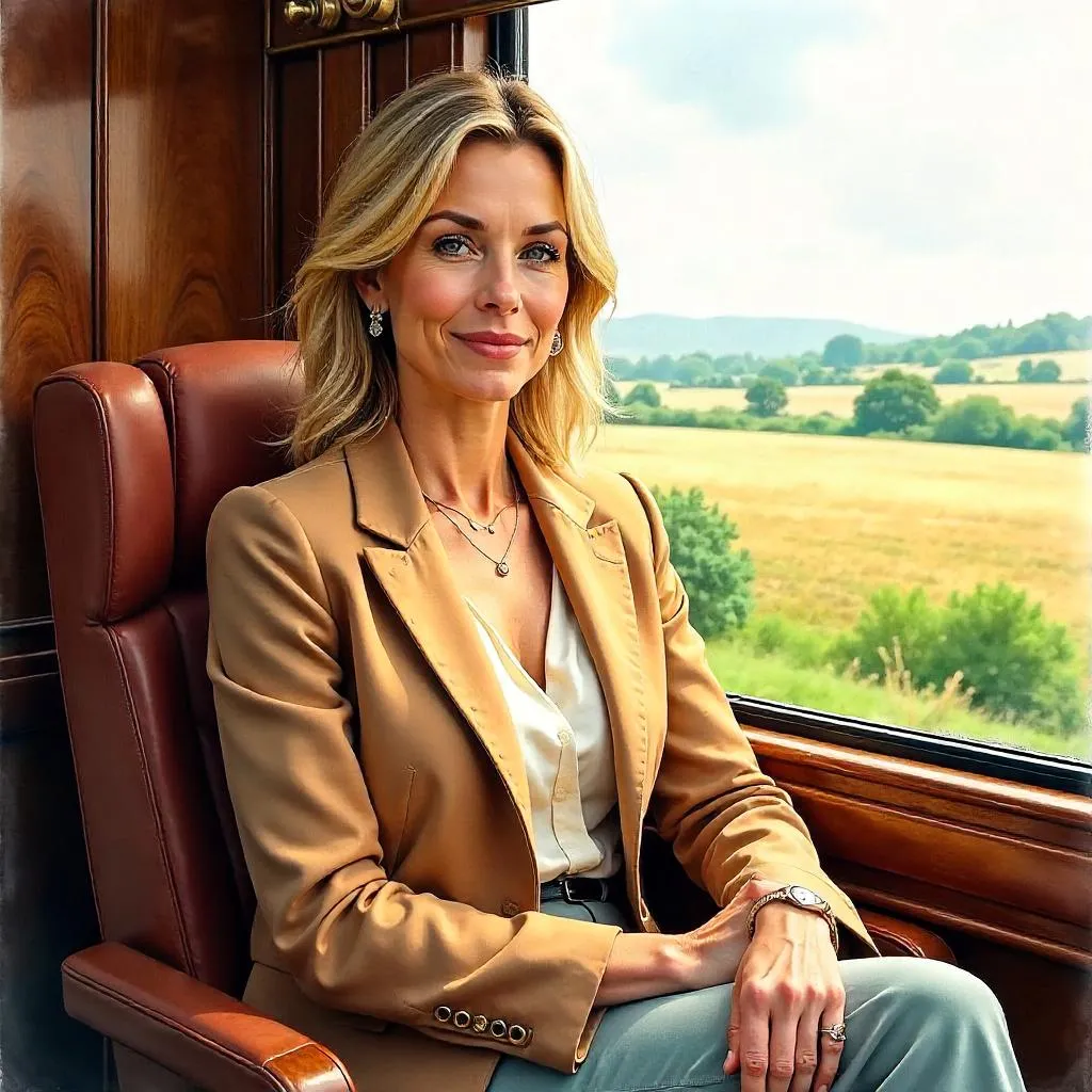 Confident Woman on a Train in Watercolor