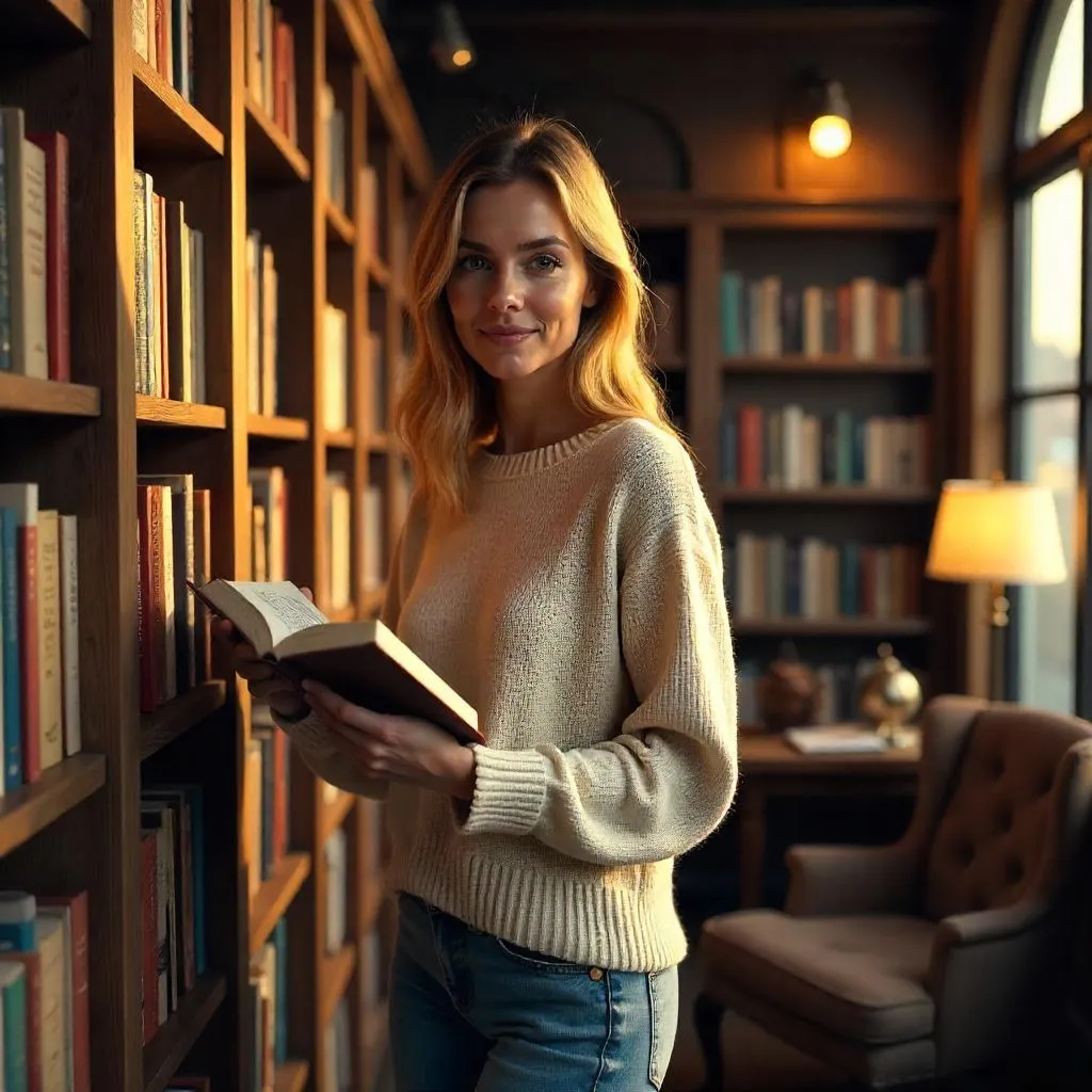 Photorealistic White Woman in a Cozy Bookstore