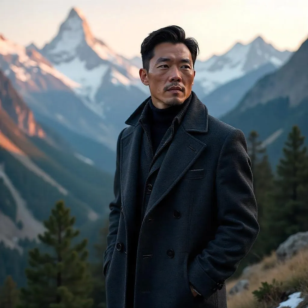 Photorealistic Portrait of an Elegant Asian Man in Mountain Valleys