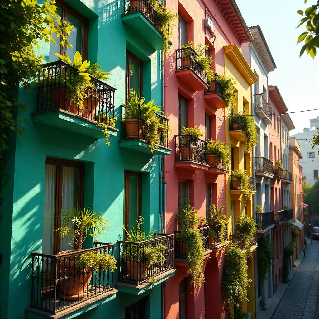 Vibrant urban facade with lush balcony greenery