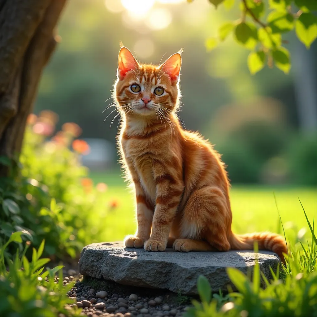 Sunlit Ginger Tabby on a Mossy Rock
