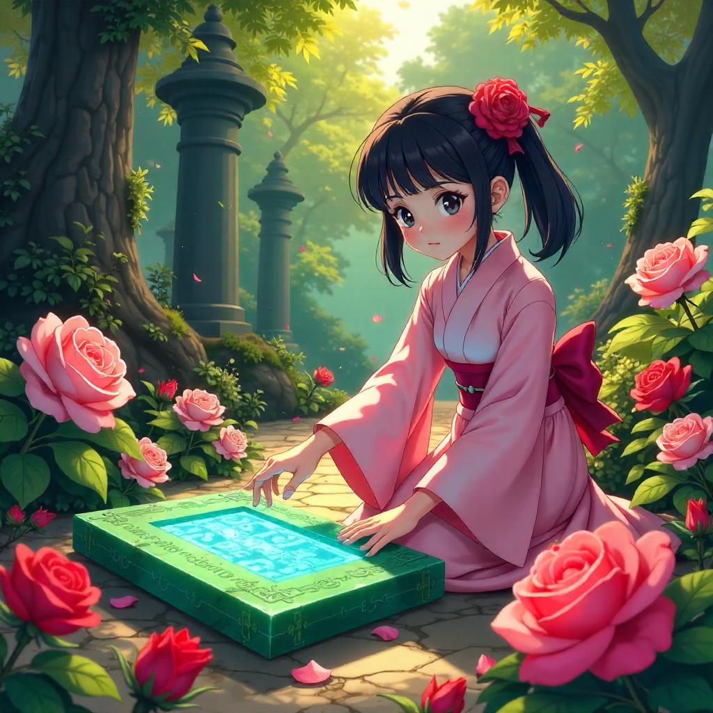 Ancient Jade Tablet in a Rose Garden - Anime Style