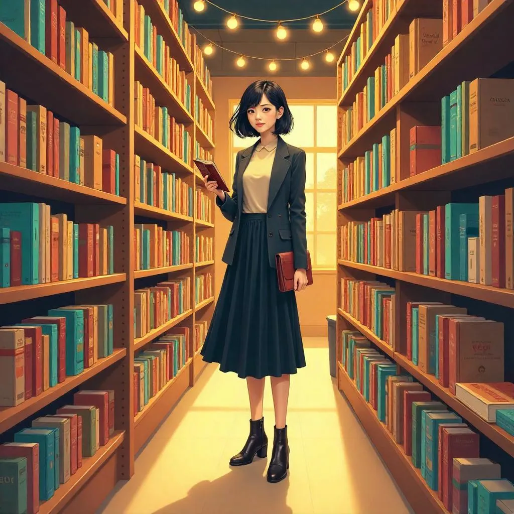 Anime-Style Stylish Asian Woman in a Bookstore