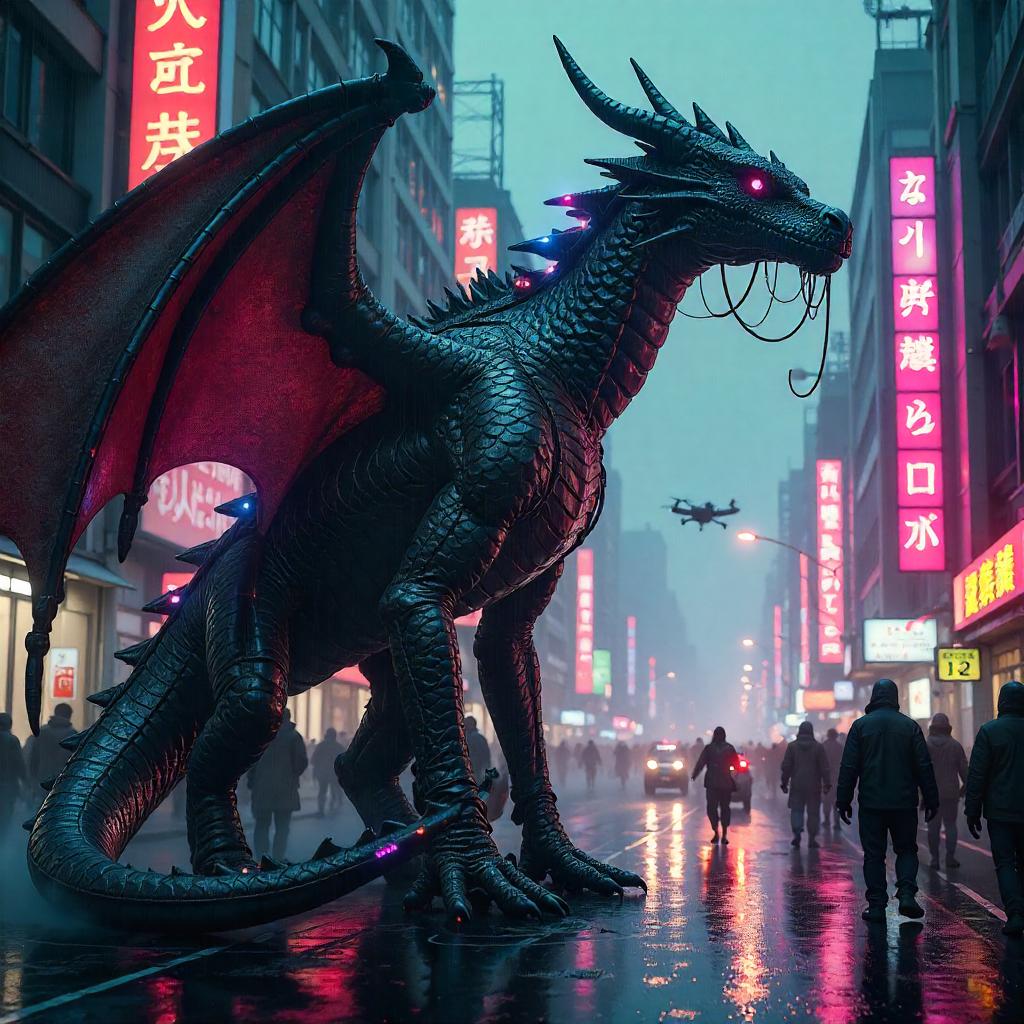 Neon Dragon in a Crowded Cyberpunk Street