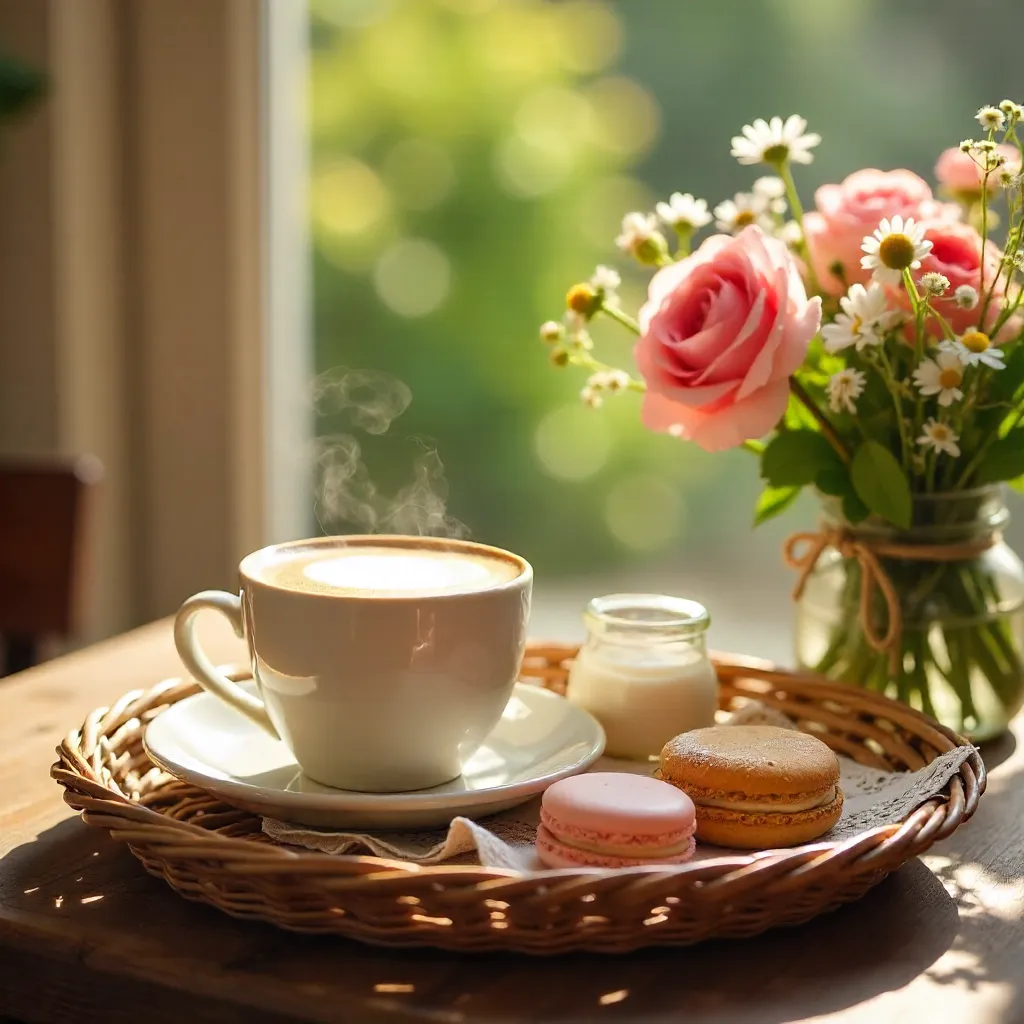 Morning Coffee on a Wicker Tray with Flowers and Sweets
