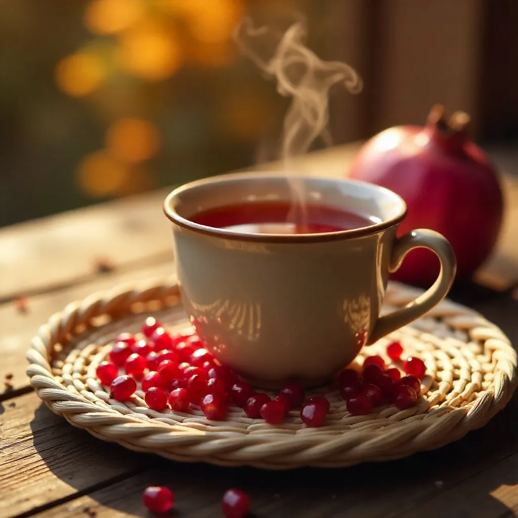 Warm pomegranate tea on a wicker basket