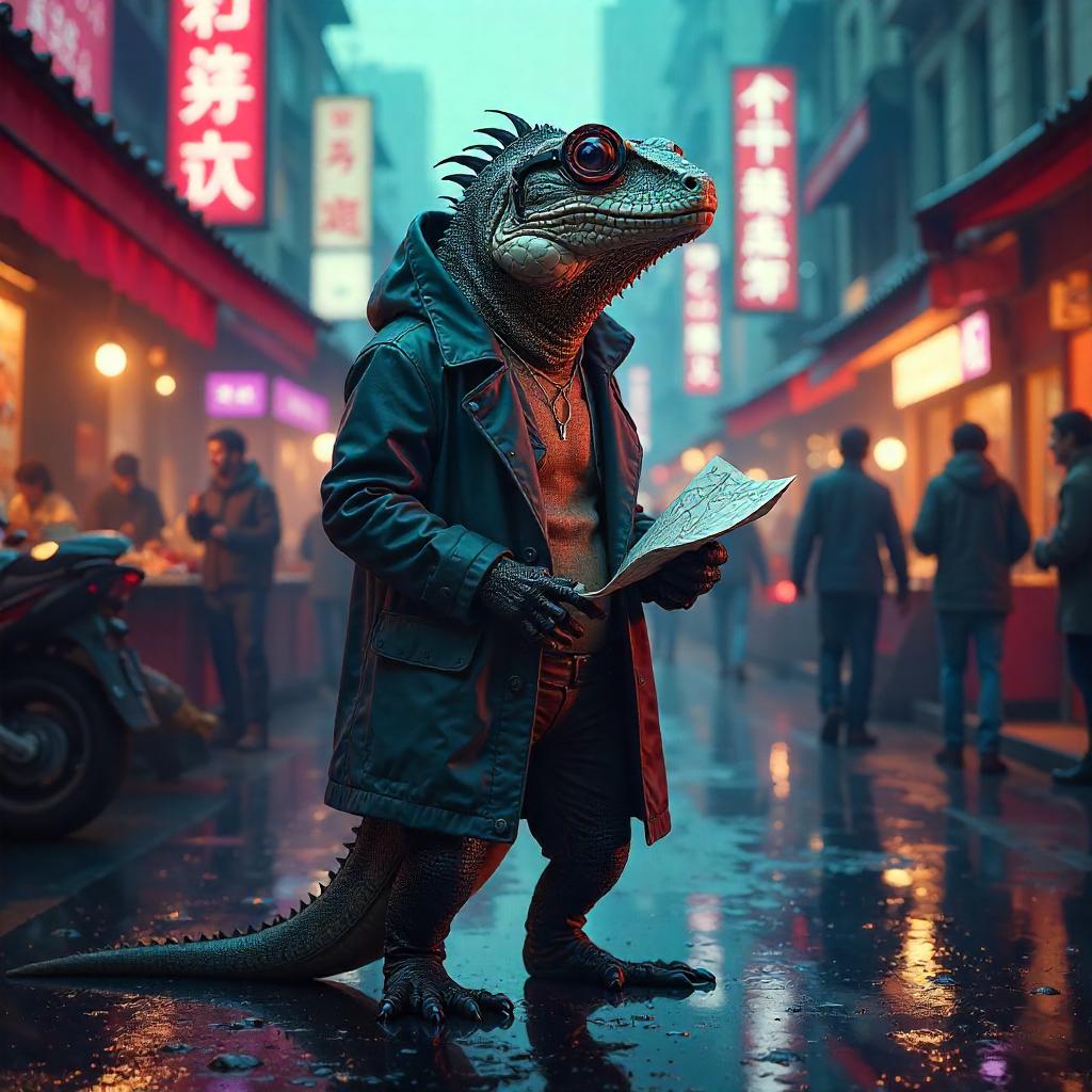 Lizard in a Neon Busy Street: Concept Art