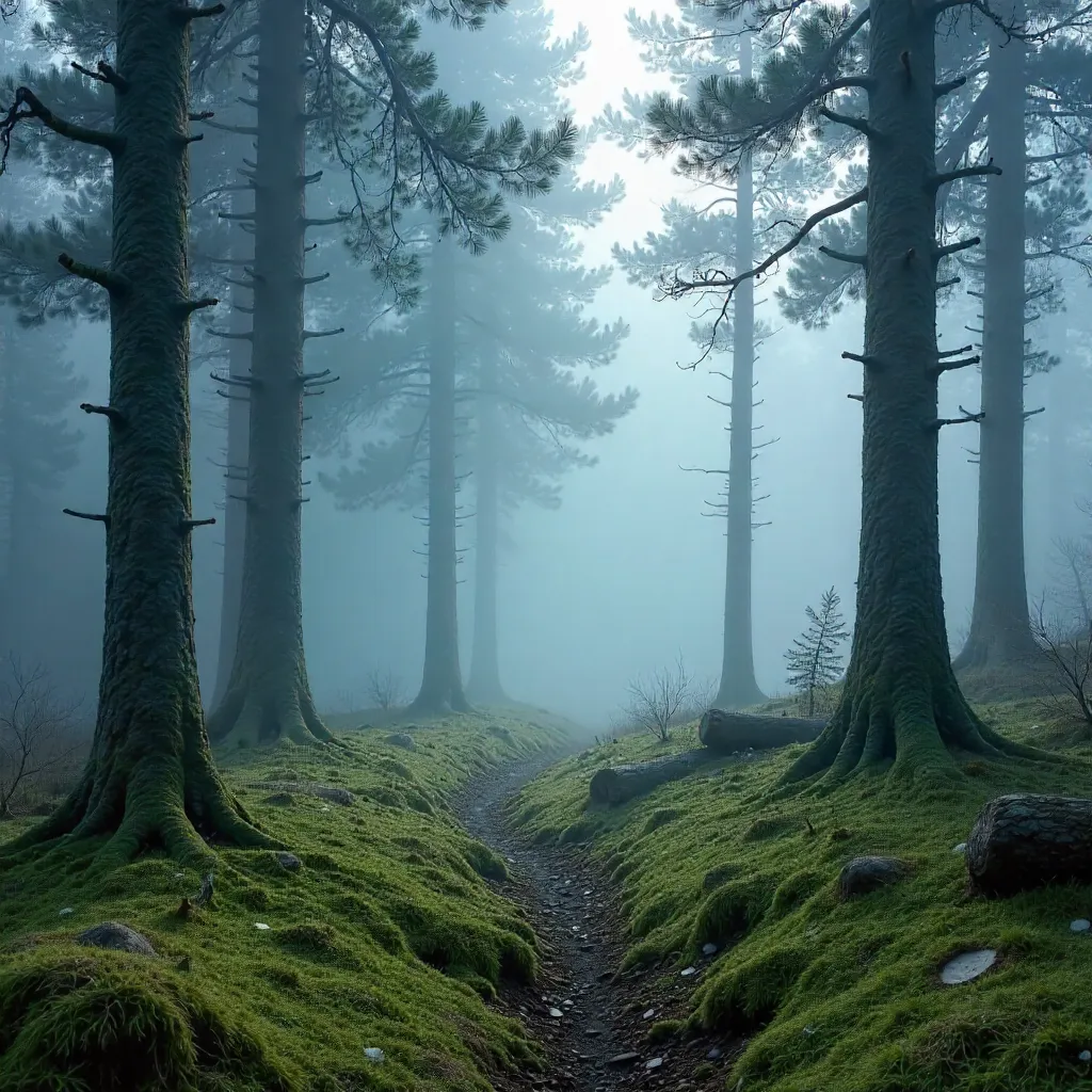 Serene Misty English Pine Forest in Winter