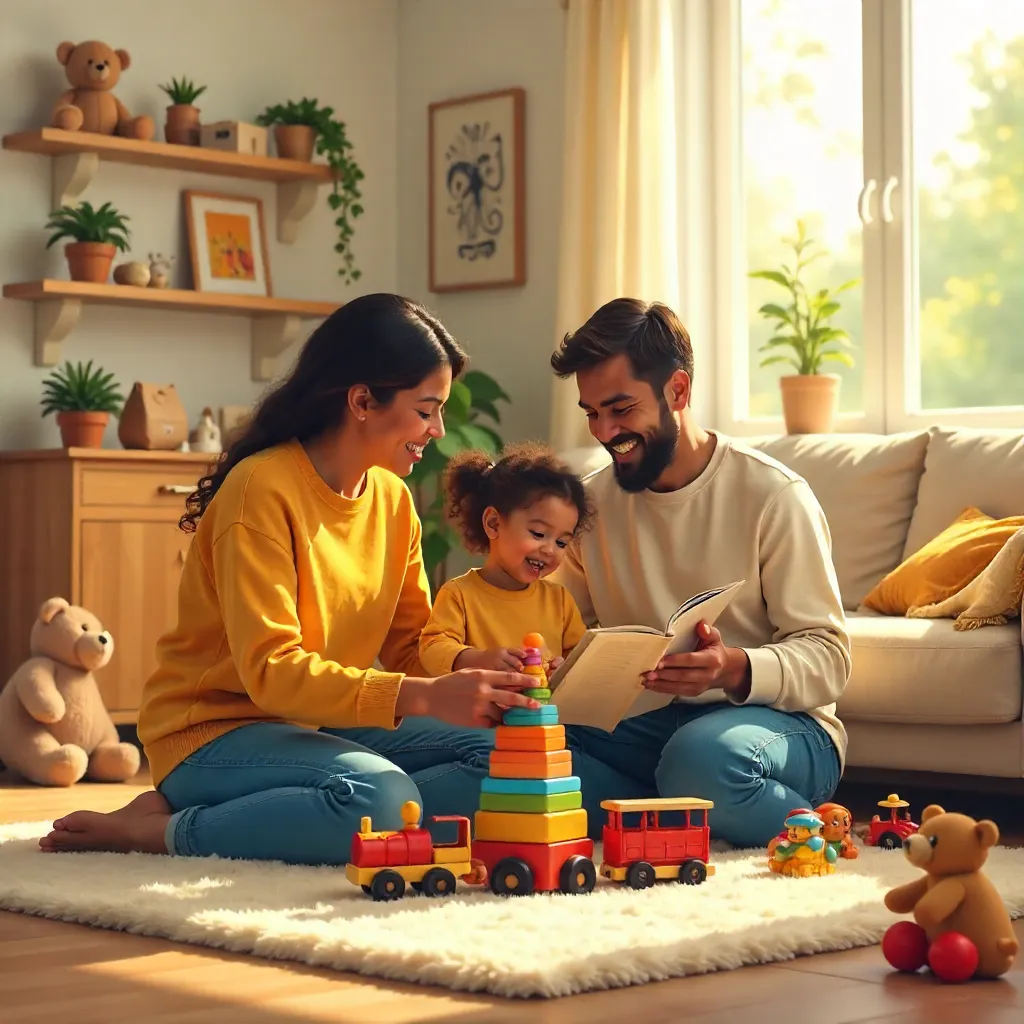 A Multicultural Family Playing Indoors with Toys