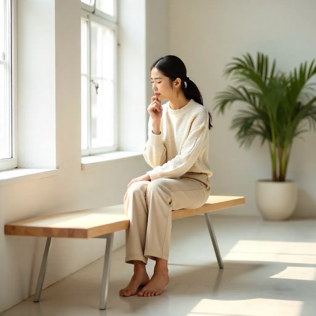 Light-filled Minimalist Room: Woman on a Bench