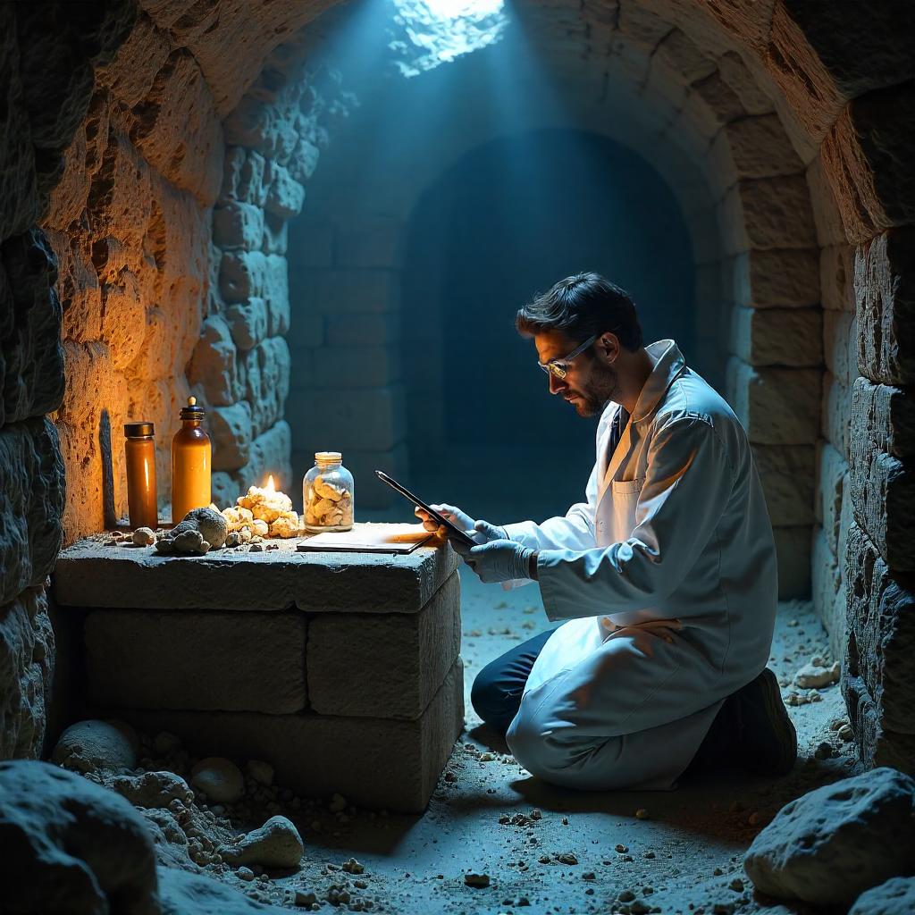 Photorealistic Scientist in an Ancient Crypt
