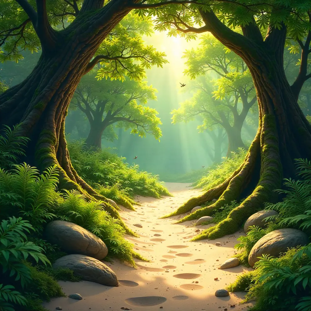 Serene Sunlit Forest Path with Sandy Trail