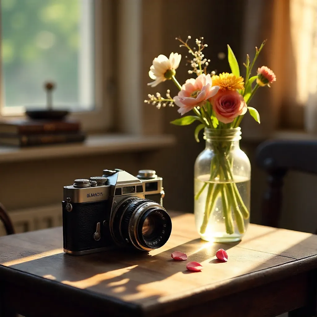 Nostalgic Still Life: Vintage Camera and Floral Glass Vase