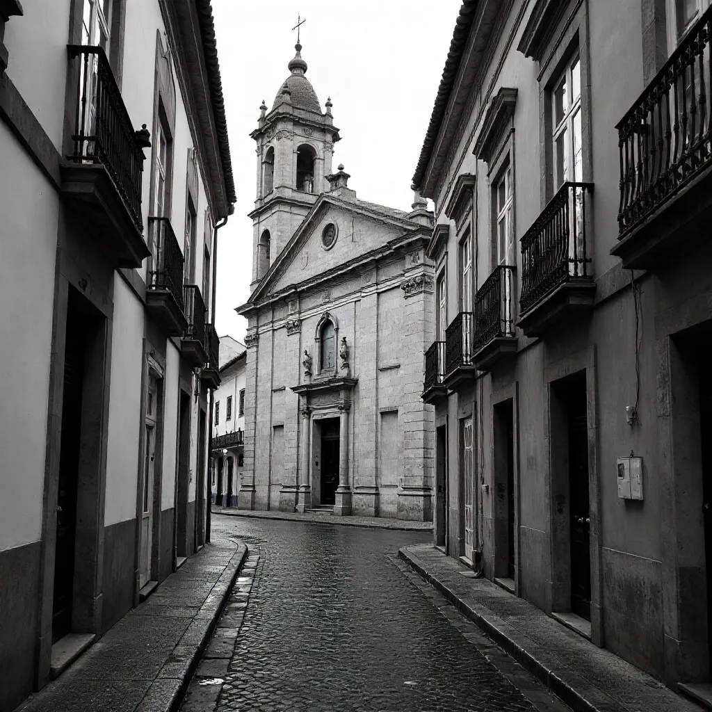 Monochrome Porto: Historic Church and Cobblestone Street