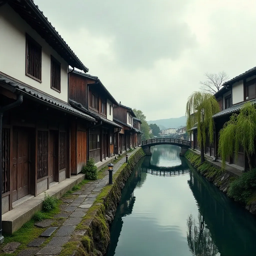 Machiya along Kamogawa under cloudy Kyoto sky