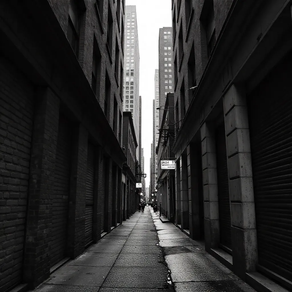 Narrow Alley Under Skyscrapers in Noir Black-and-White