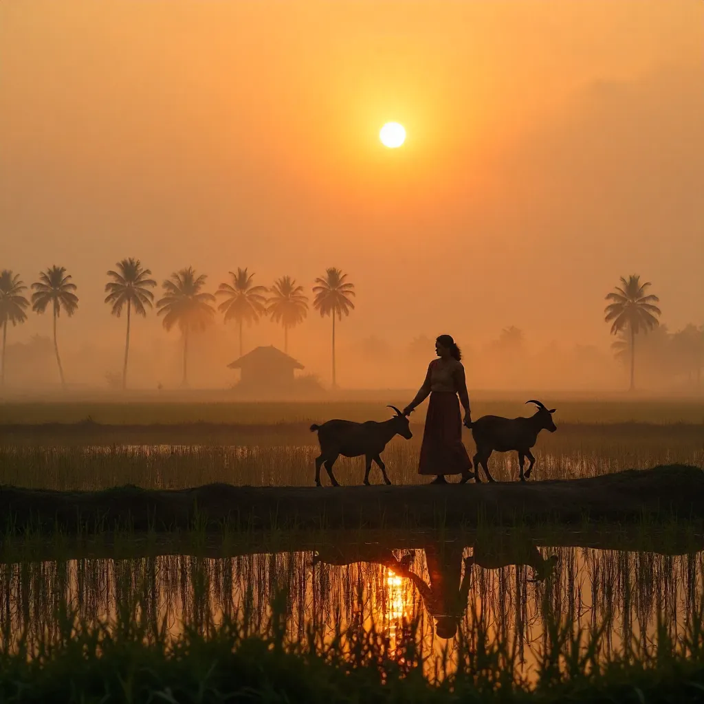 Sunrise Silhouette: Woman and Goats in Misty Bangladesh Field