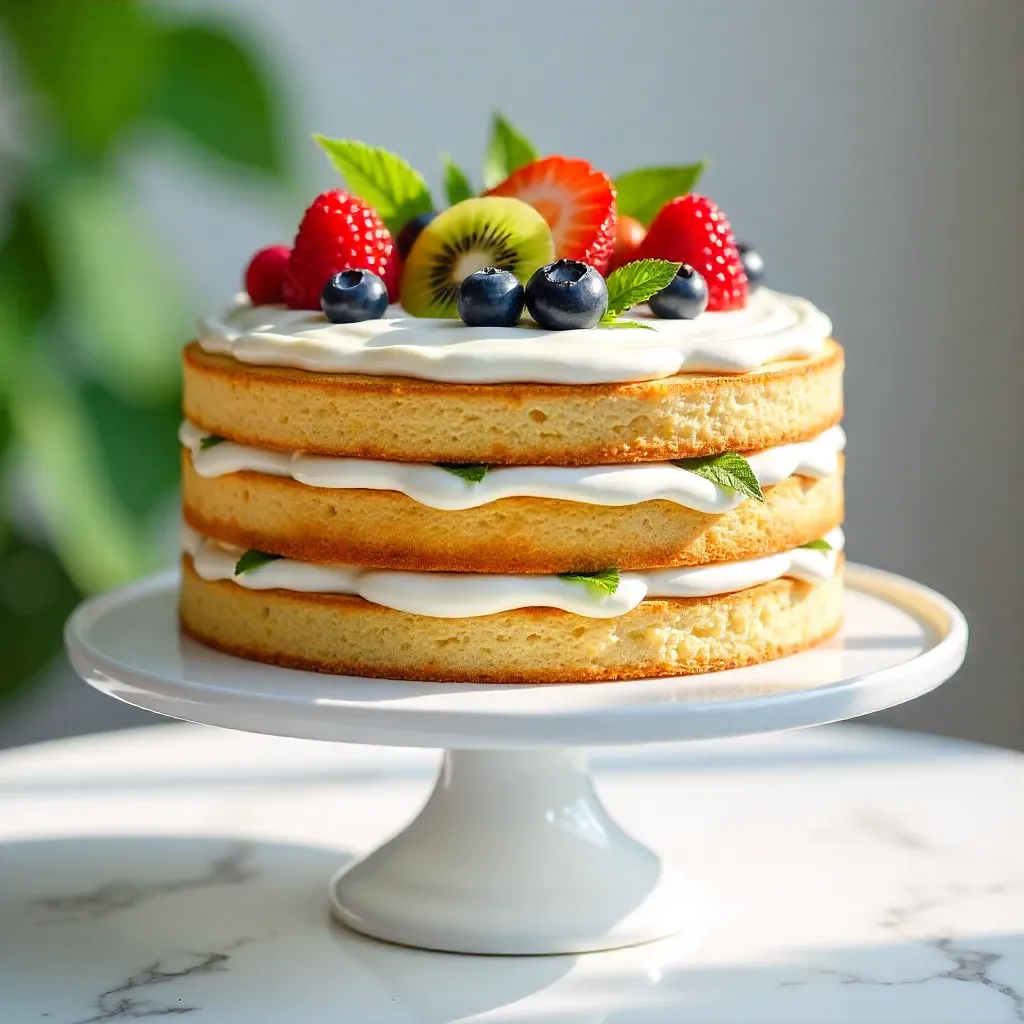 Fruit-Topped Sponge Cake on a White Stand