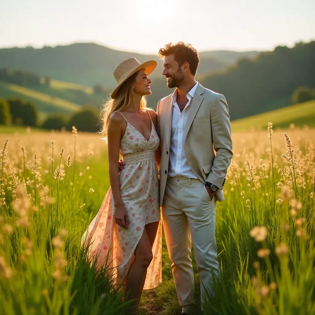 Golden Hour Field Fashion Couple