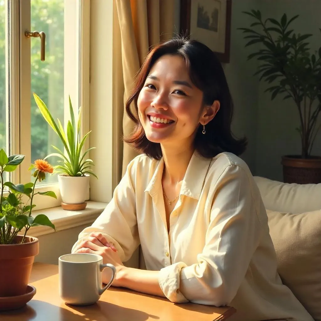 Cheerful Asian Woman at Home in Oil Painting