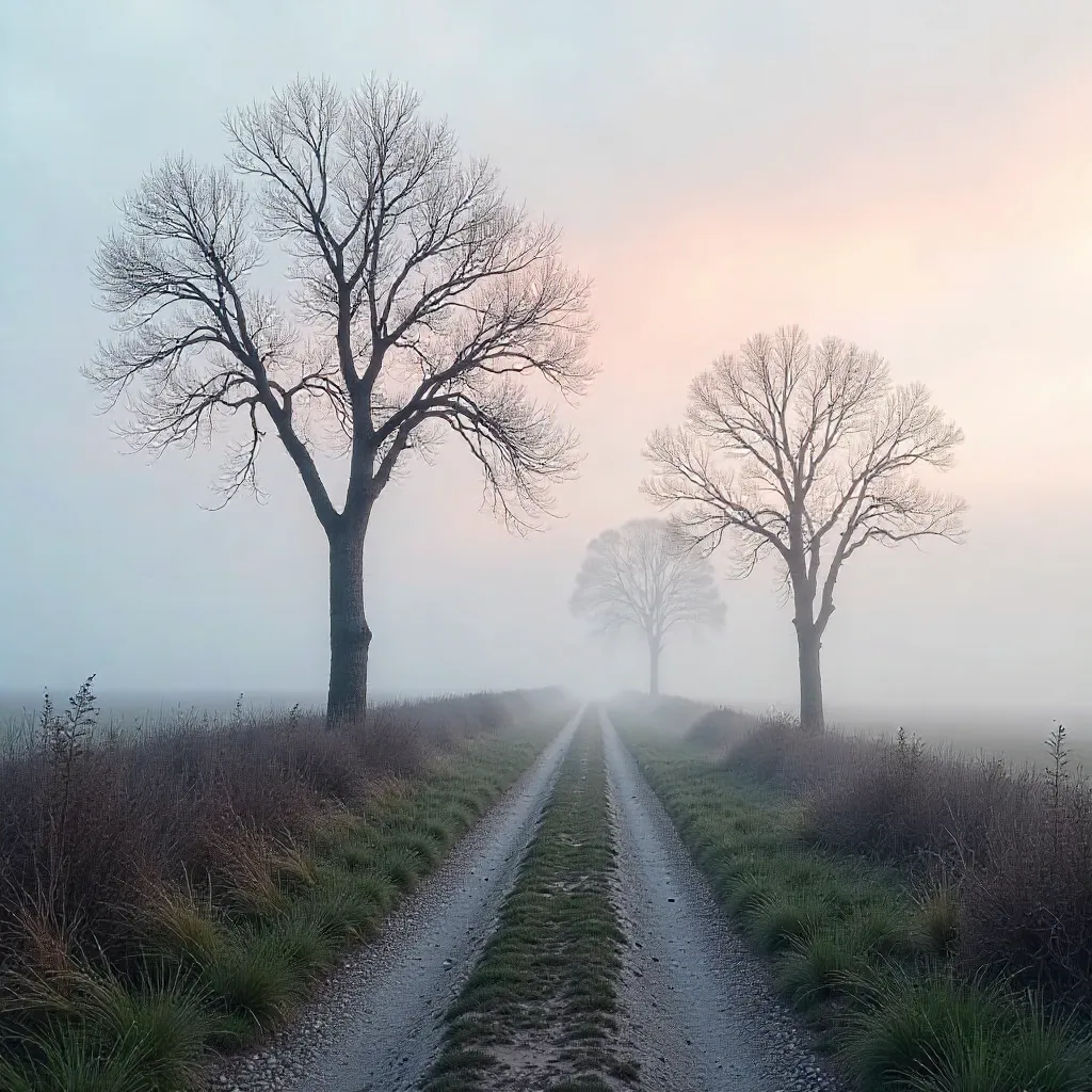 Serene Foggy Morning Path Through Bare Trees
