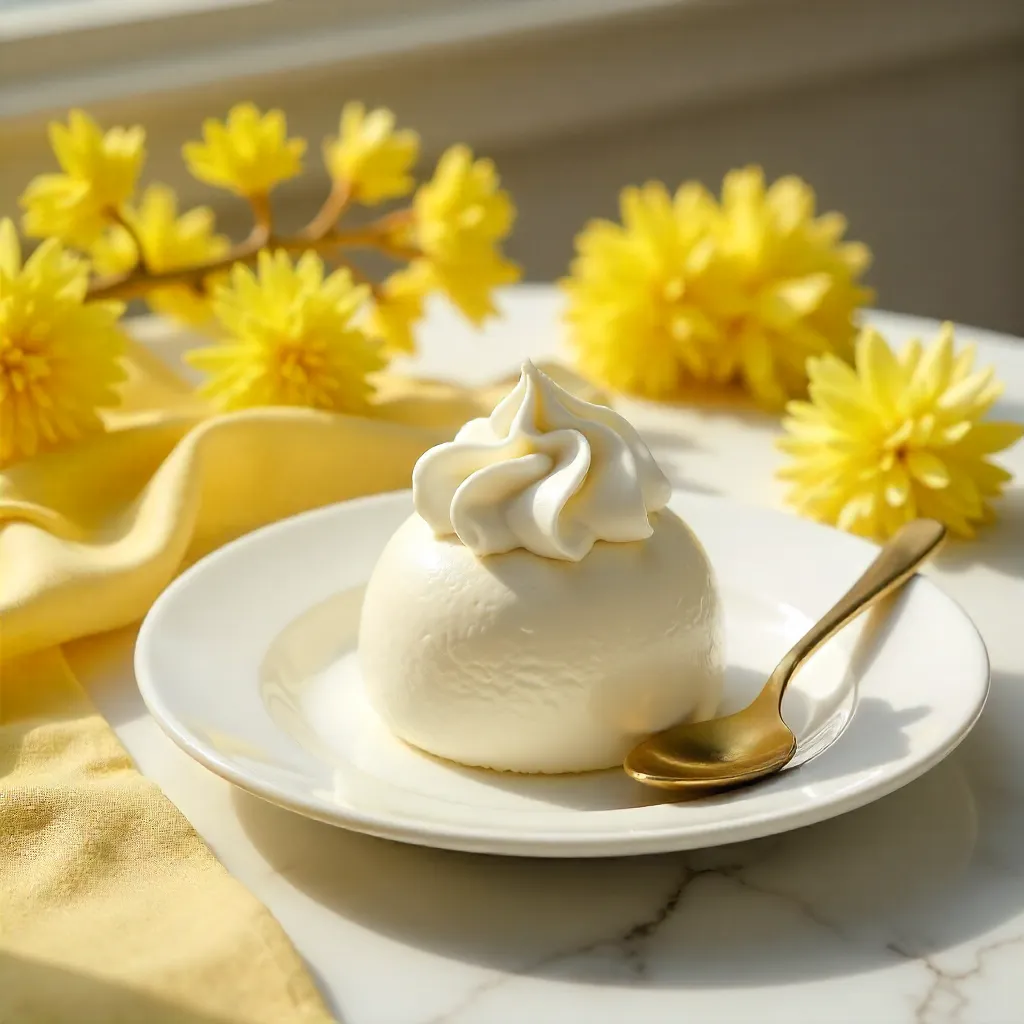 Elegant Dessert with Whipped Cream and Mimosa Blooms