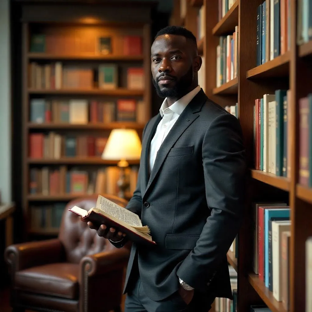Professional Black Man in a Photorealistic Bookstore