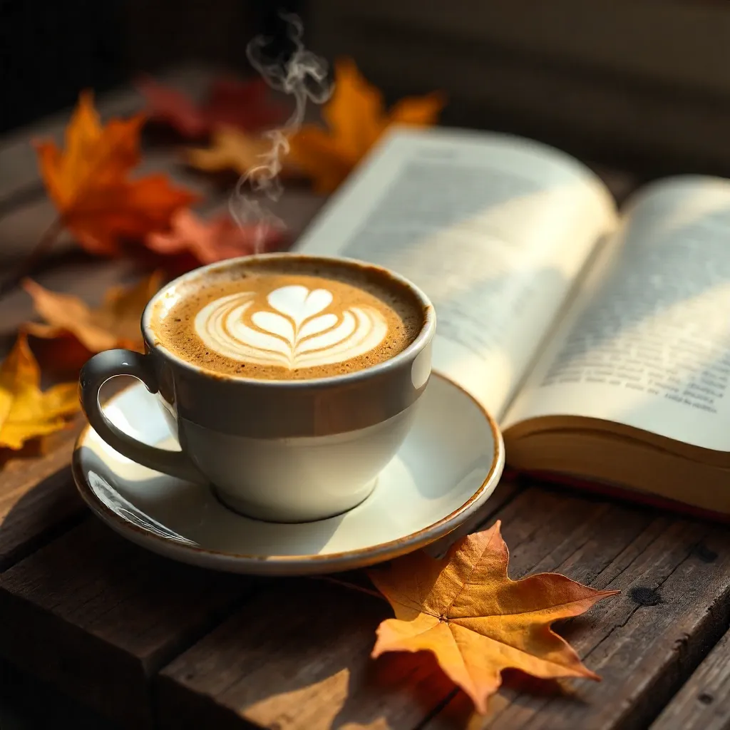 Latte Art beside Open Book Amid Autumn Leaves